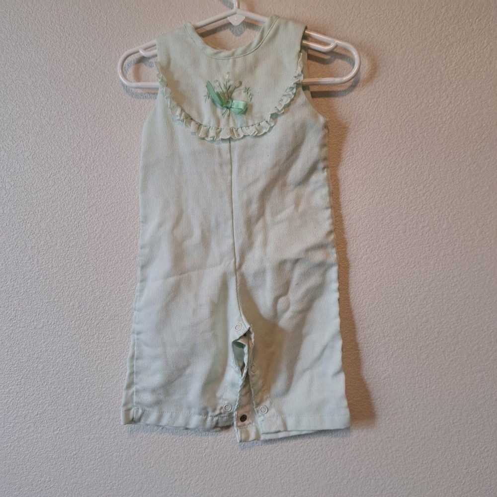 Vintage Health-tex Mint Green Corduroy Ruffle Romper Baby Girl 6 Months USA Made